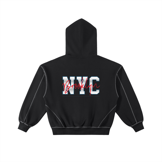 Contrast-Stitched Boxy Fleece Zip Hoodie - 24/ 7 NYC STREET CORE CONCEPT