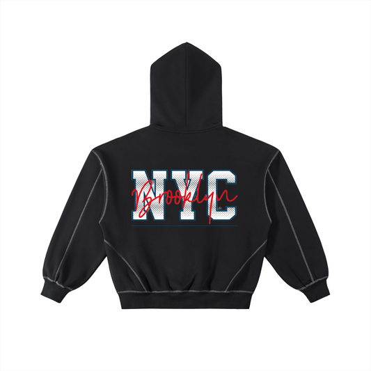 Contrast-Stitched Boxy Fleece Zip Hoodie - 24/ 7 NYC STREET CORE CONCEPT