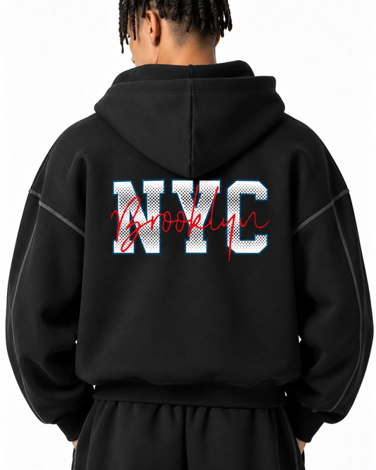 Contrast-Stitched Boxy Fleece Zip Hoodie