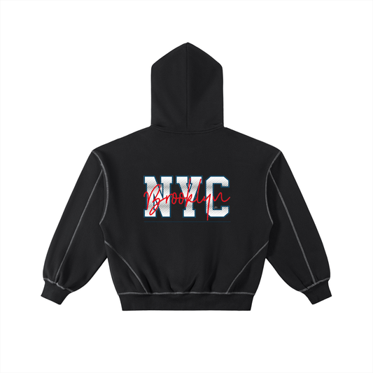 Contrast-Stitched Boxy Fleece Zip Hoodie - 24/ 7 NYC STREET CORE CONCEPT