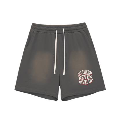 Sun Fade Raw Edge Cotton Shorts - NEVER GIVE UP