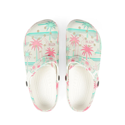 Palm Print EVA Clogs — Tropical Pastel Beach Slip-Ons