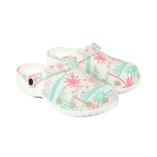 Palm Print EVA Clogs — Tropical Pastel Beach Slip-Ons