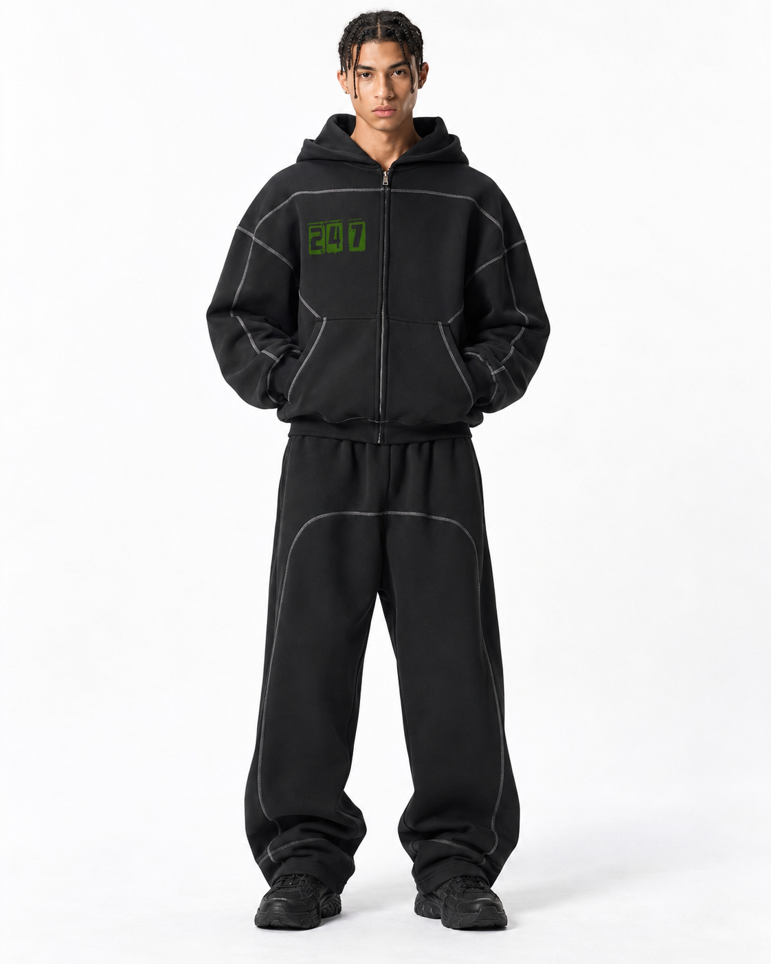 Contrast-Stitched Boxy Fleece Zip Hoodie