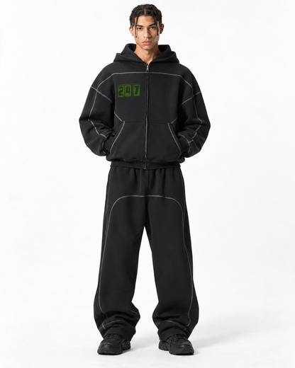 Contrast-Stitched Boxy Fleece Zip Hoodie