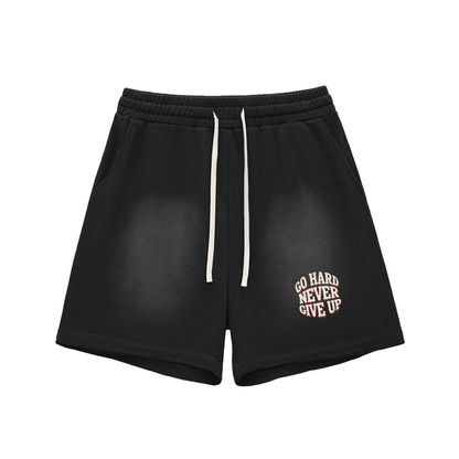 Sun Fade Raw Edge Cotton Shorts - NEVER GIVE UP