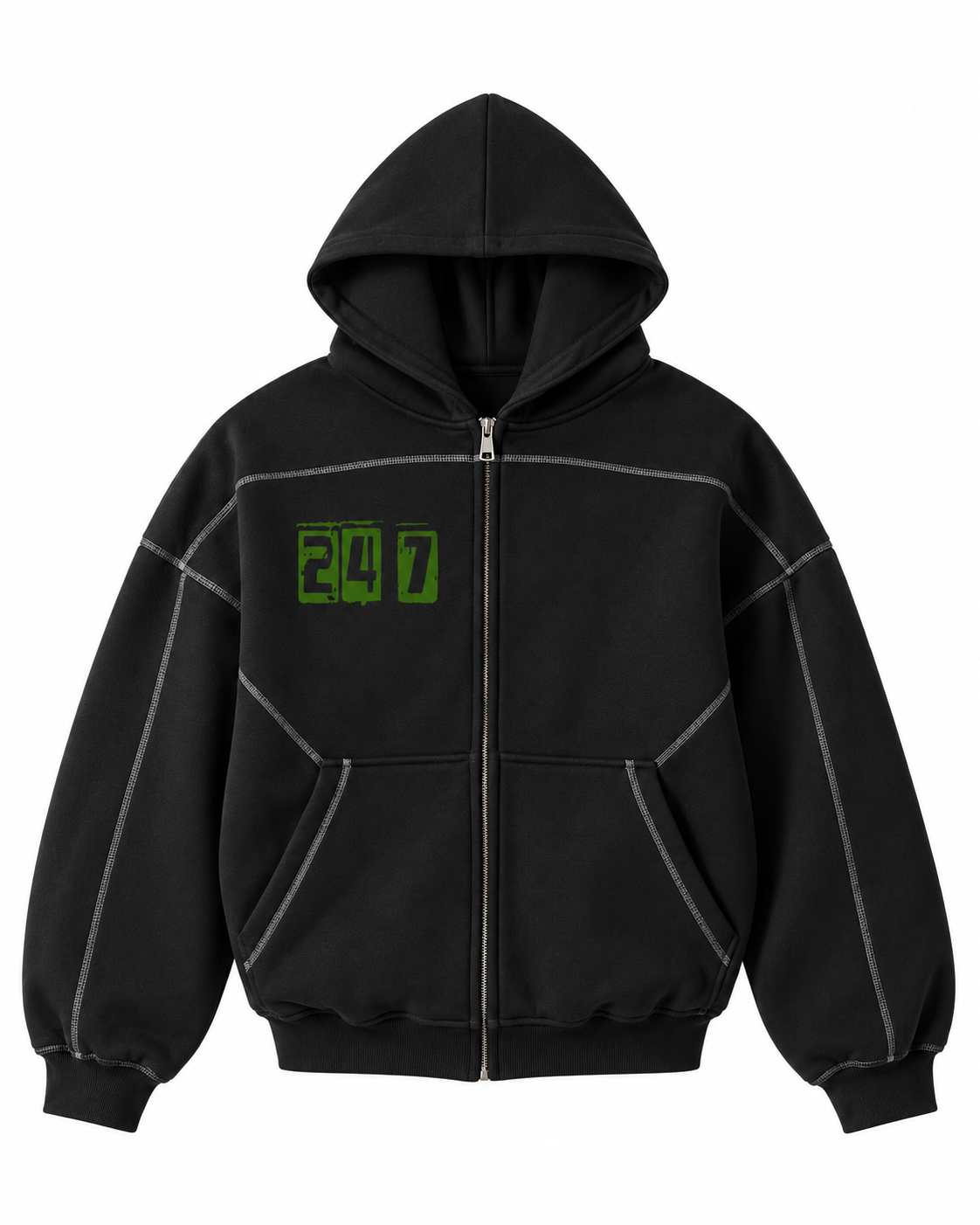 Contrast-Stitched Boxy Fleece Zip Hoodie