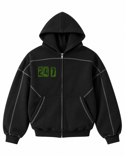 Contrast-Stitched Boxy Fleece Zip Hoodie