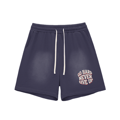 Sun Fade Raw Edge Cotton Shorts - NEVER GIVE UP