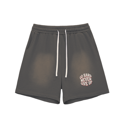 Sun Fade Raw Edge Cotton Shorts - NEVER GIVE UP