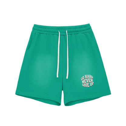 Sun Fade Raw Edge Cotton Shorts - NEVER GIVE UP
