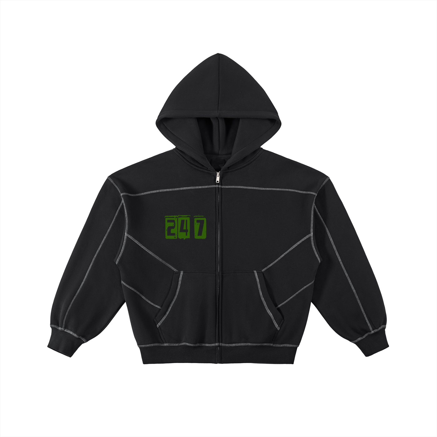 Contrast-Stitched Boxy Fleece Zip Hoodie - 24/ 7  NYC STREET CORE CONCEPT