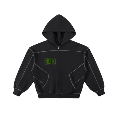 Contrast-Stitched Boxy Fleece Zip Hoodie - 24/ 7  NYC STREET CORE CONCEPT