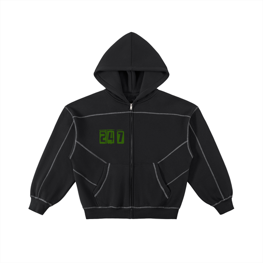 Contrast-Stitched Boxy Fleece Zip Hoodie - 24/ 7  NYC STREET CORE CONCEPT