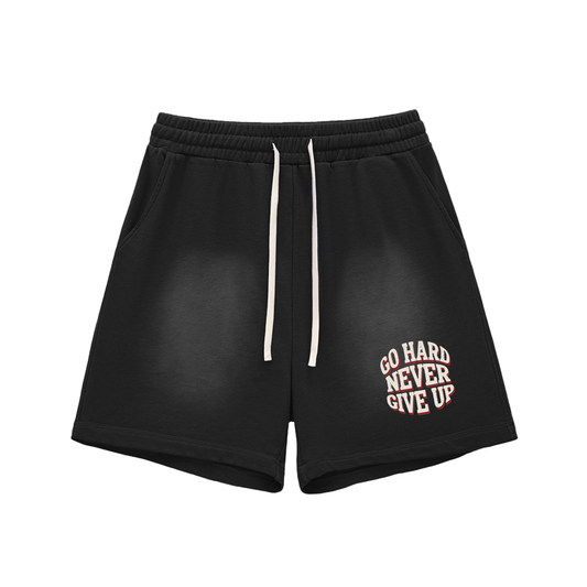 Sun Fade Raw Edge Cotton Shorts - NEVER GIVE UP