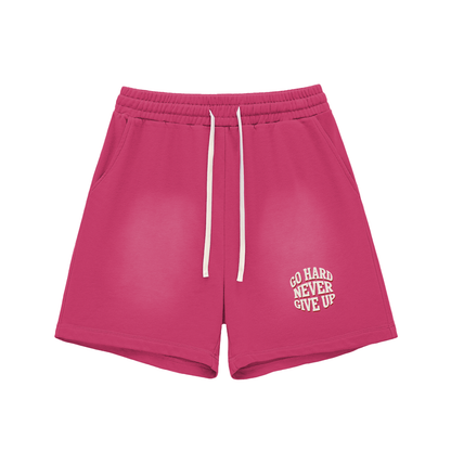 Sun Fade Raw Edge Cotton Shorts - NEVER GIVE UP