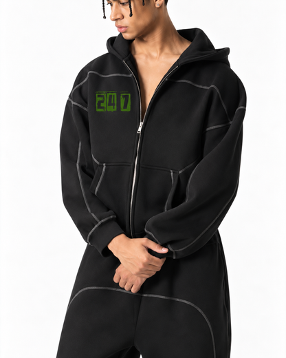 Contrast-Stitched Boxy Fleece Zip Hoodie