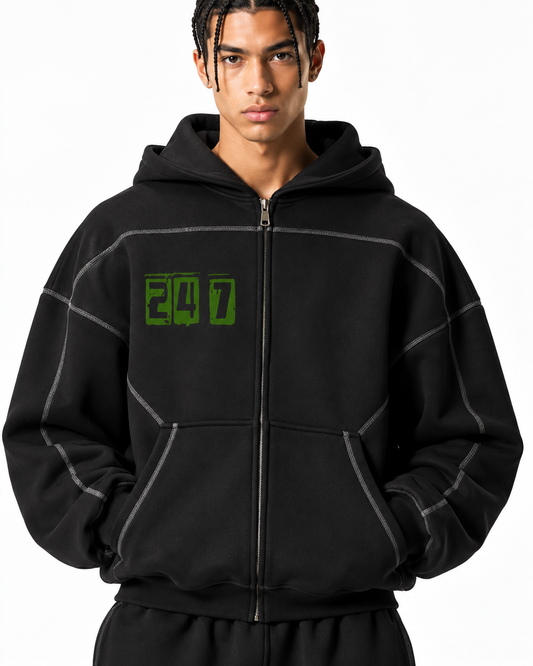 Contrast-Stitched Boxy Fleece Zip Hoodie