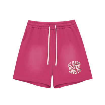 Sun Fade Raw Edge Cotton Shorts - NEVER GIVE UP