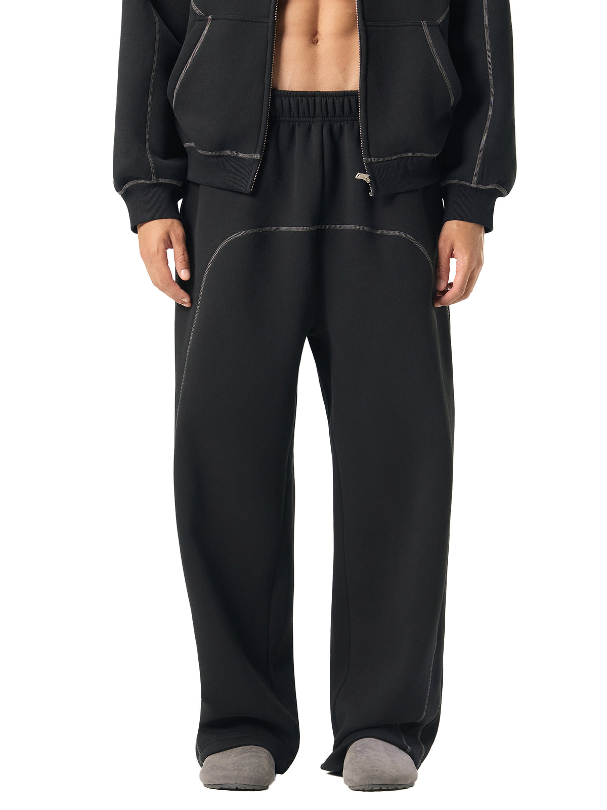 Contrast-Stitched Boxy Fleece Zip Hoodie